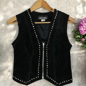 Silver Mesa 90s Suede Leather Rhinestone Stud V Neck Zip Up Rodeo Show Vest XS